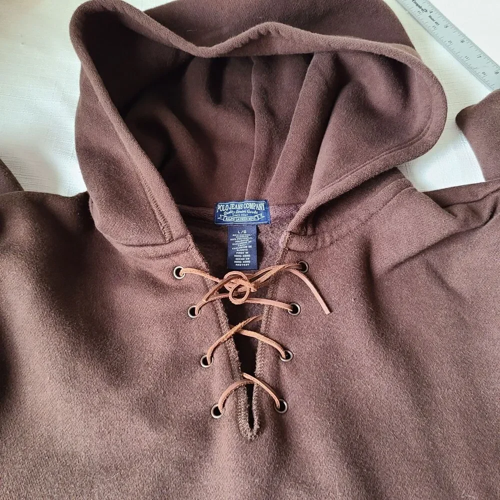 Vintage Polo Jeans Co Ralph Lauren Hoodie Mens L Brown Lace Up Pullover Fleece
